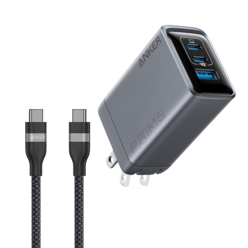 Prime Charger (100W, 3 Ports, GaN) and USB-C to USB-C Cable (3 ft / 6 ft, 240W, Upcycled-Braided) T7