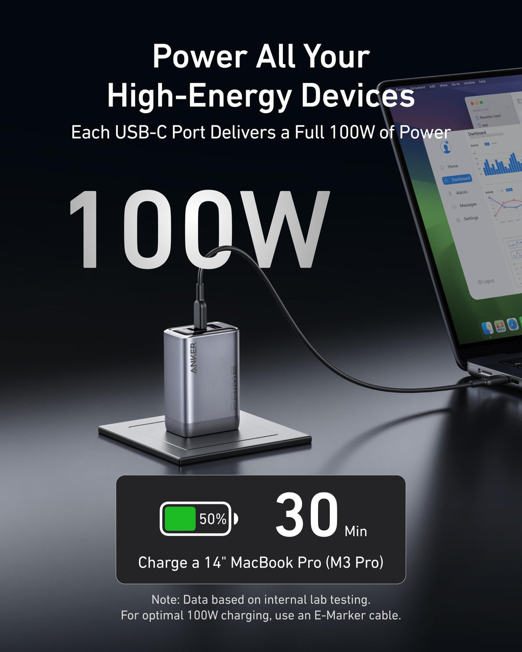 Prime Charger (100W, 3 Ports, GaN) and Prime USB-C to USB-C Cable (240W, Upcycled-Braided) T8
