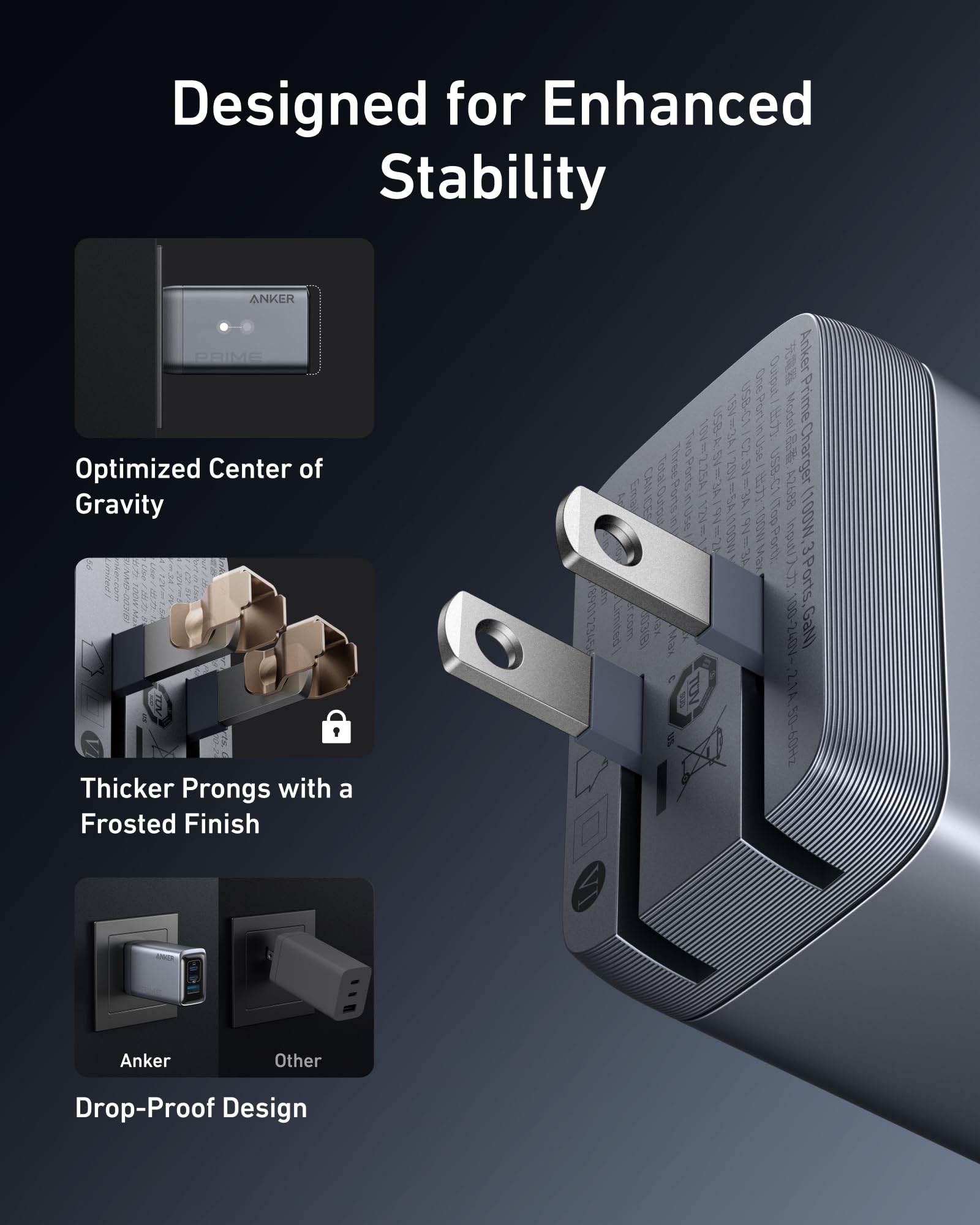 Prime Charger (100W, 3 Ports, GaN) and USB-C to USB-C Cable (240W, 6 ft) P6