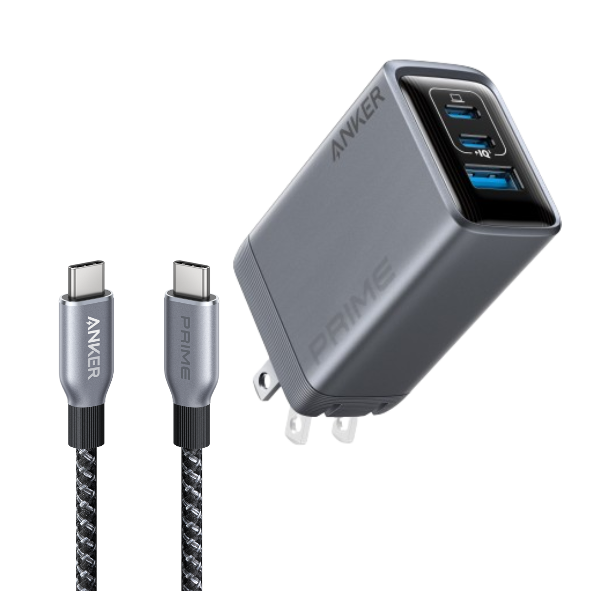 Prime Charger (100W, 3 Ports, GaN) and Prime USB-C to USB-C Cable (240W, Upcycled-Braided) T8