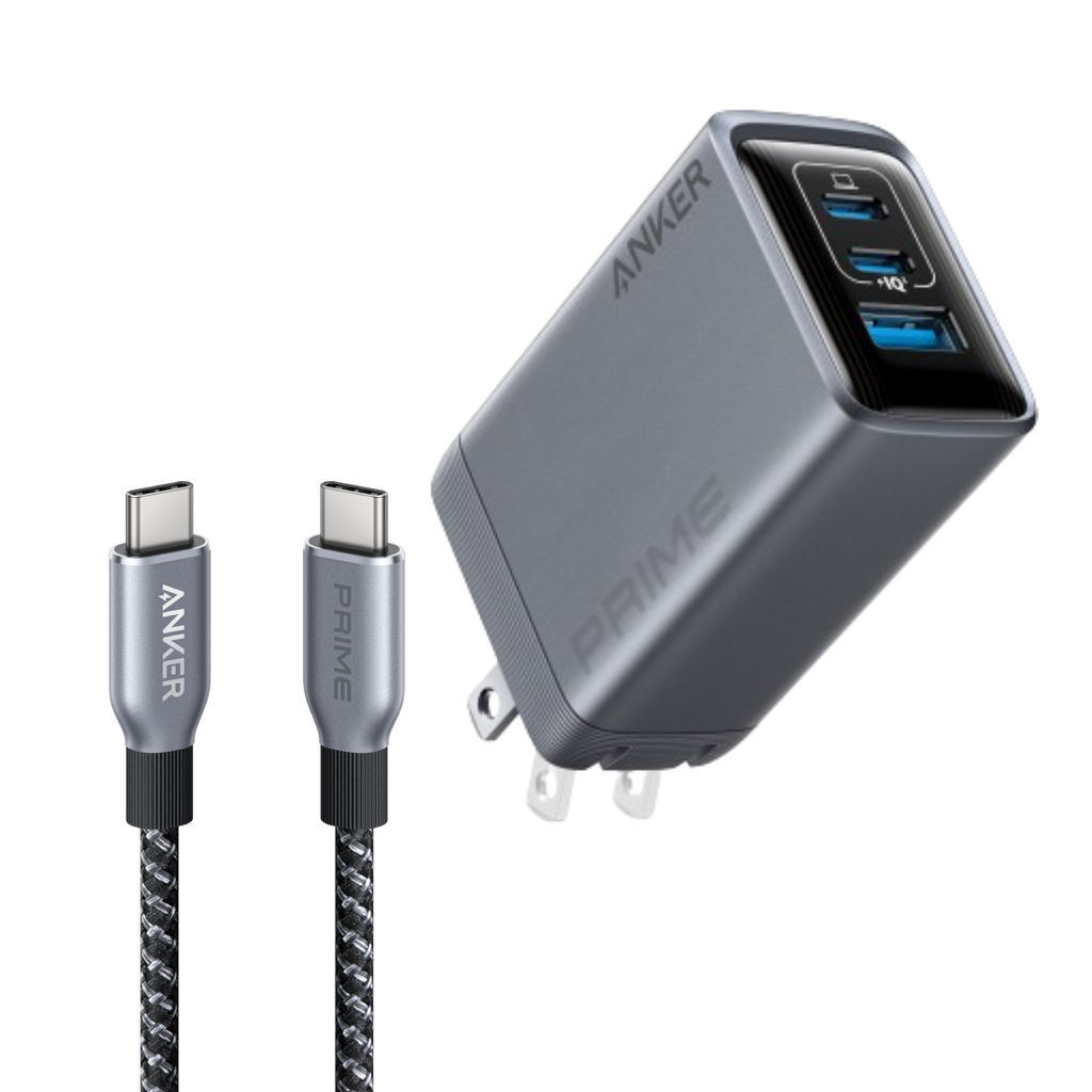 Prime Charger (100W, 3 Ports, GaN) and Prime USB-C to USB-C Cable (240W, Upcycled-Braided) L1