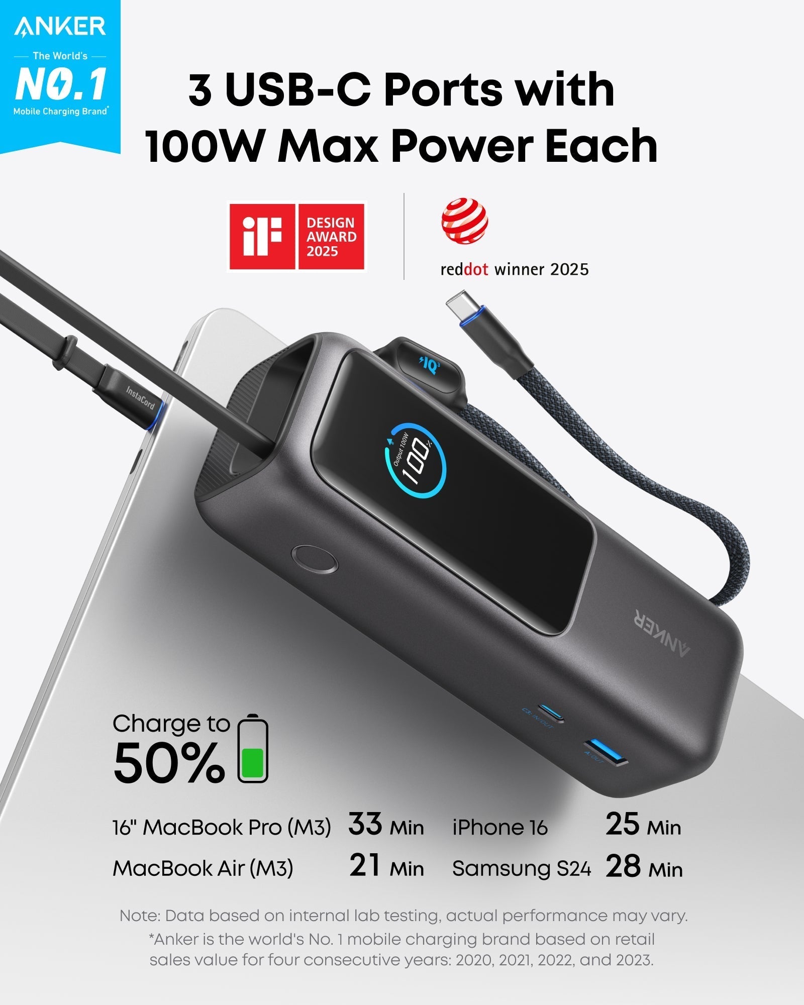 Laptop Power Bank (25K, 165W, Built-In and Retractable Cables) and USB-C to USB-C Cable (6 ft, 240W, Upcycled-Braided) C2