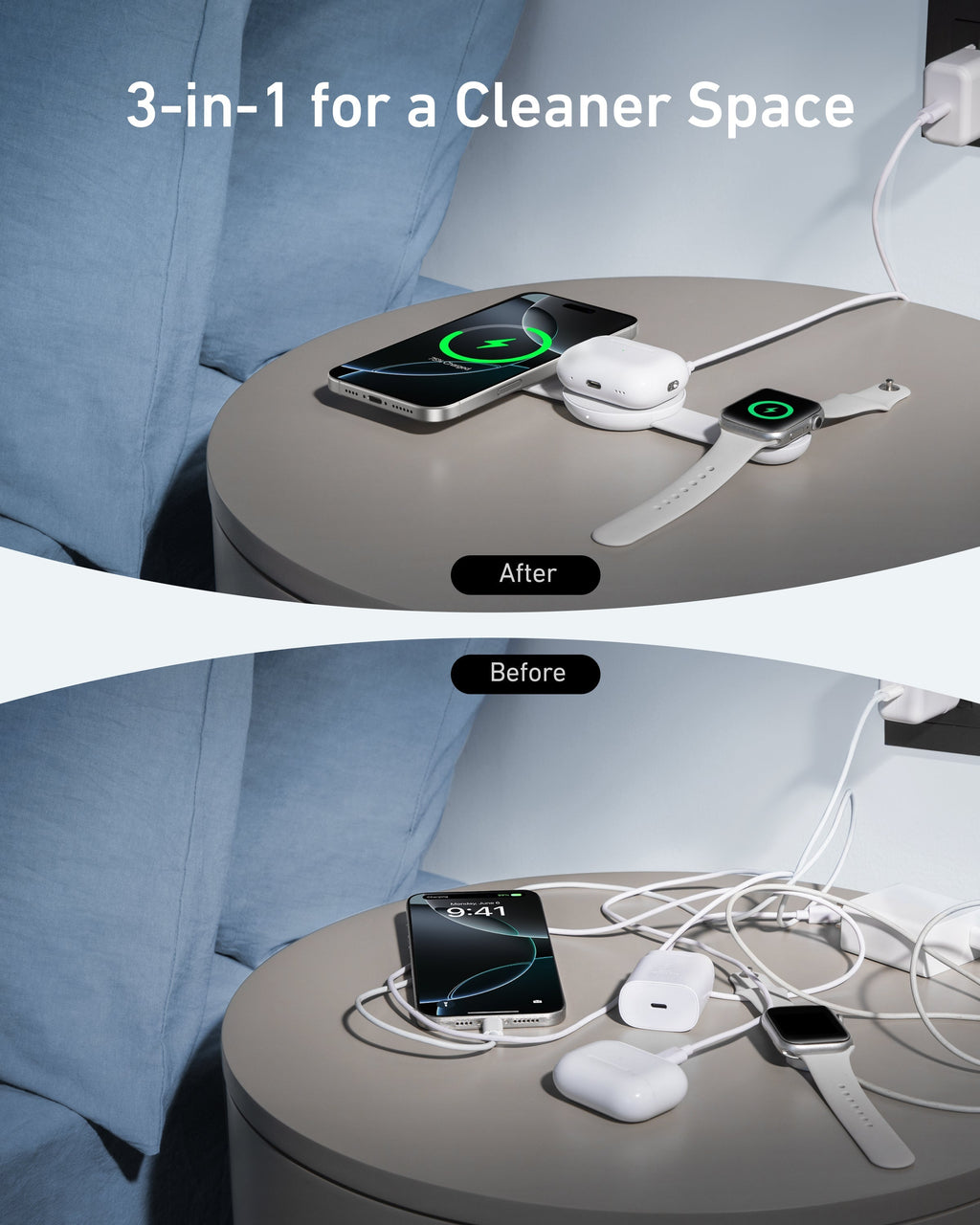 MagGo Wireless Charging Station (3-in-1, Foldable Pad, Aurora White, with Travel Case & Adapter) M8