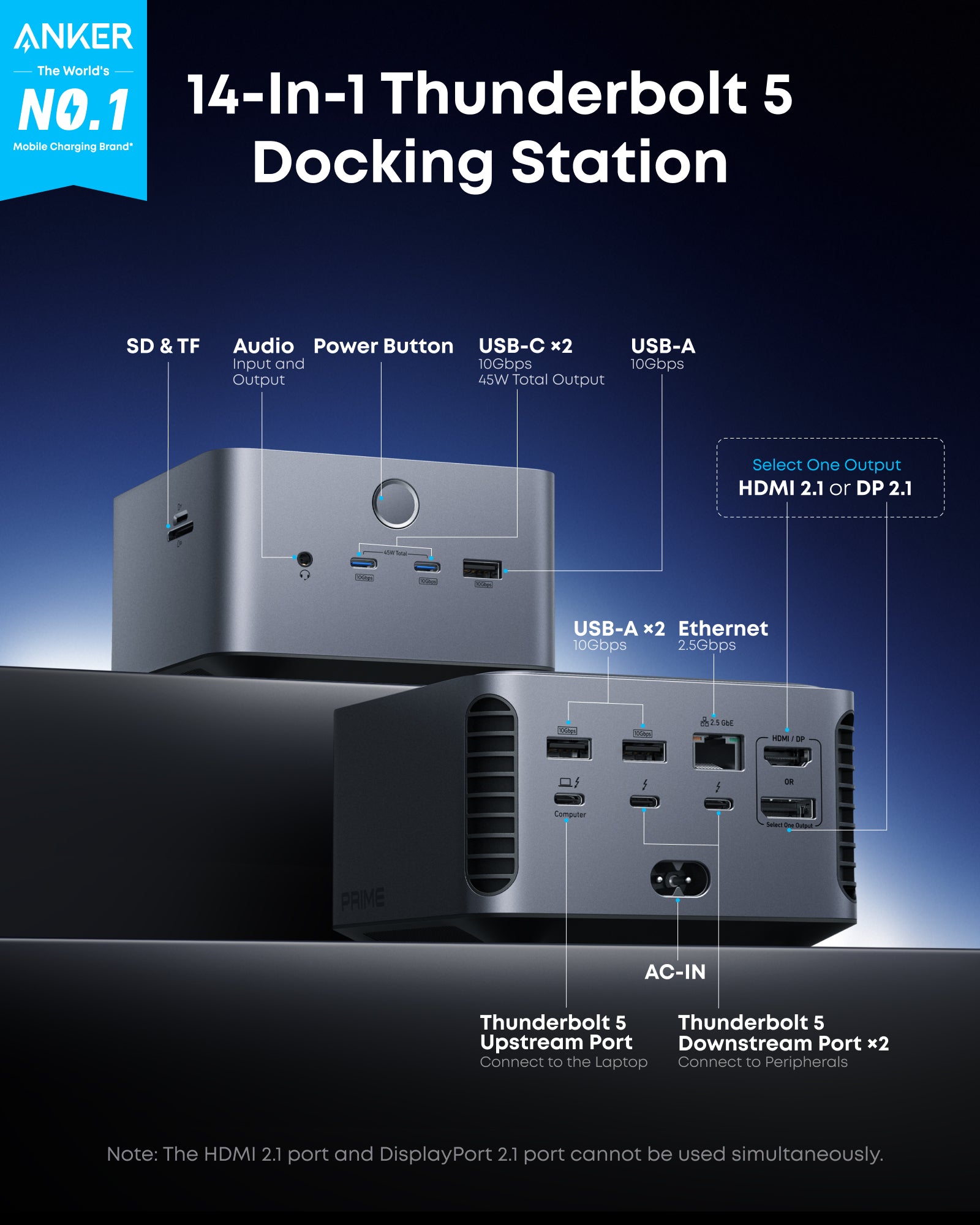 Prime TB5 Docking Station (14-in-1, 8K, Thunderbolt 5) and Thunderbolt 5 Cable (3.3 ft, 80Gbps, 240W) N9