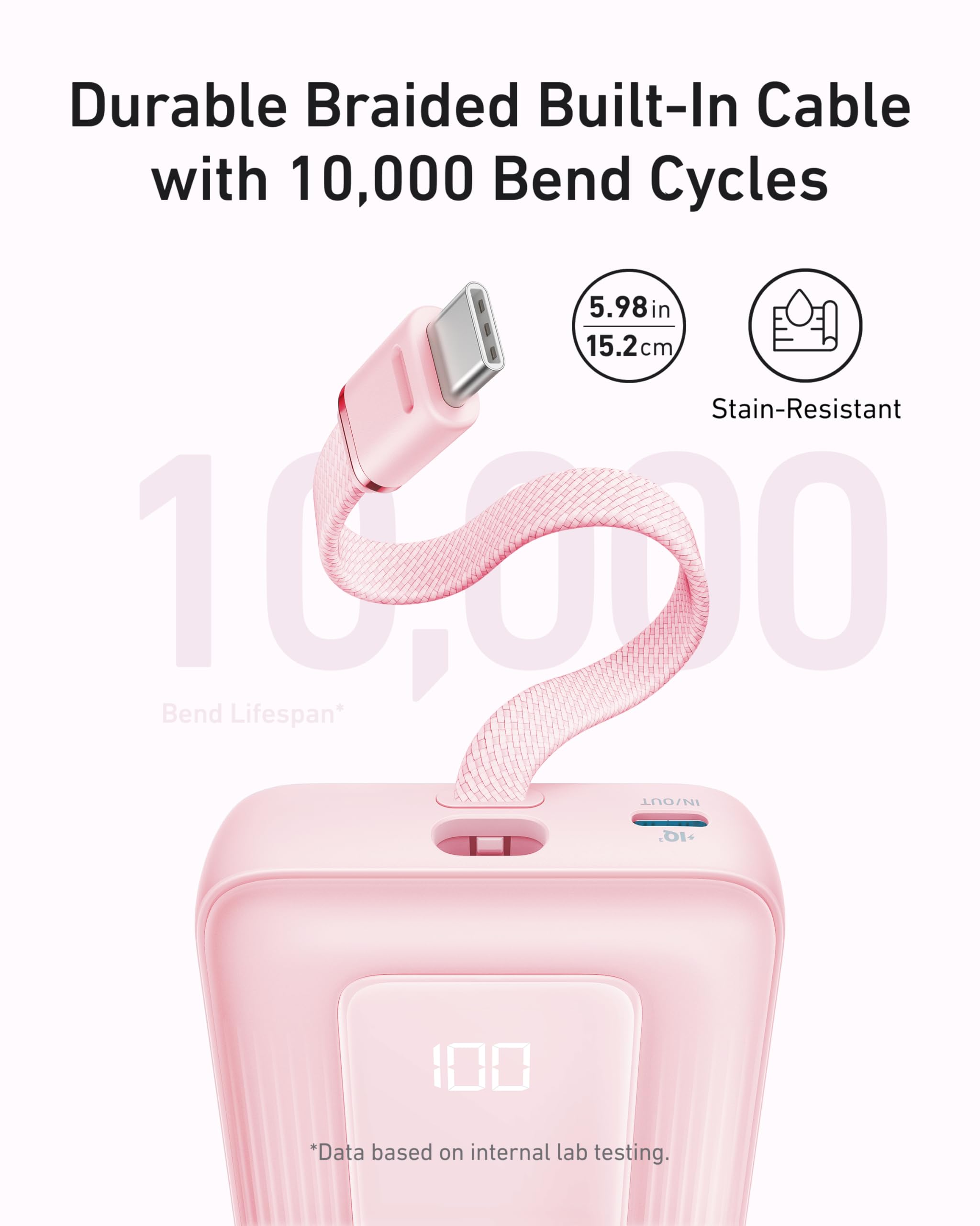 Zolo Power Bank (10K, 30W) with a 5.4-inch (13.7 cm) built-in USB-C cable. I3