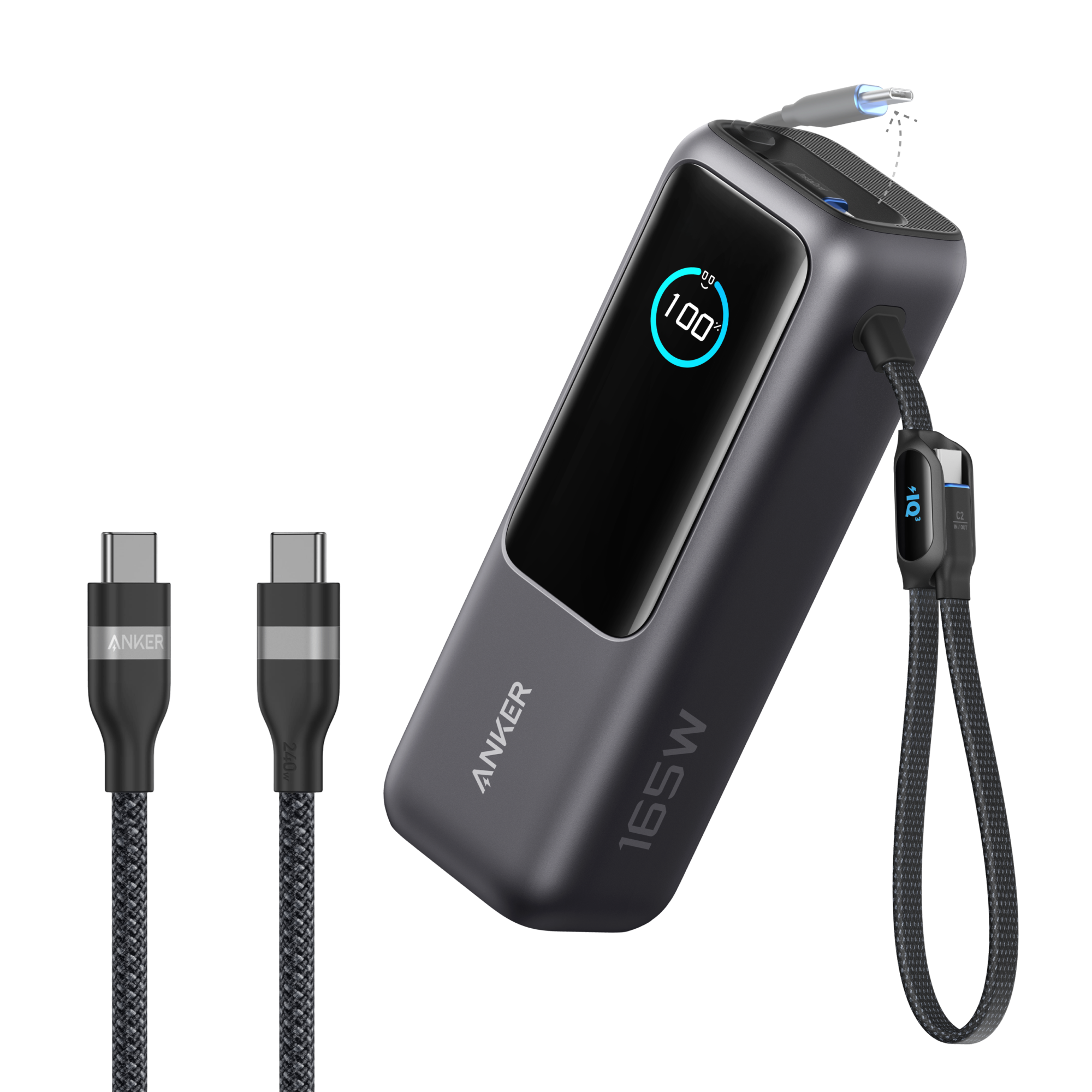 Laptop Power Bank (25K, 165W, Built-In and Retractable Cables) and USB-C to USB-C Cable (6 ft, 240W, Upcycled-Braided) C2