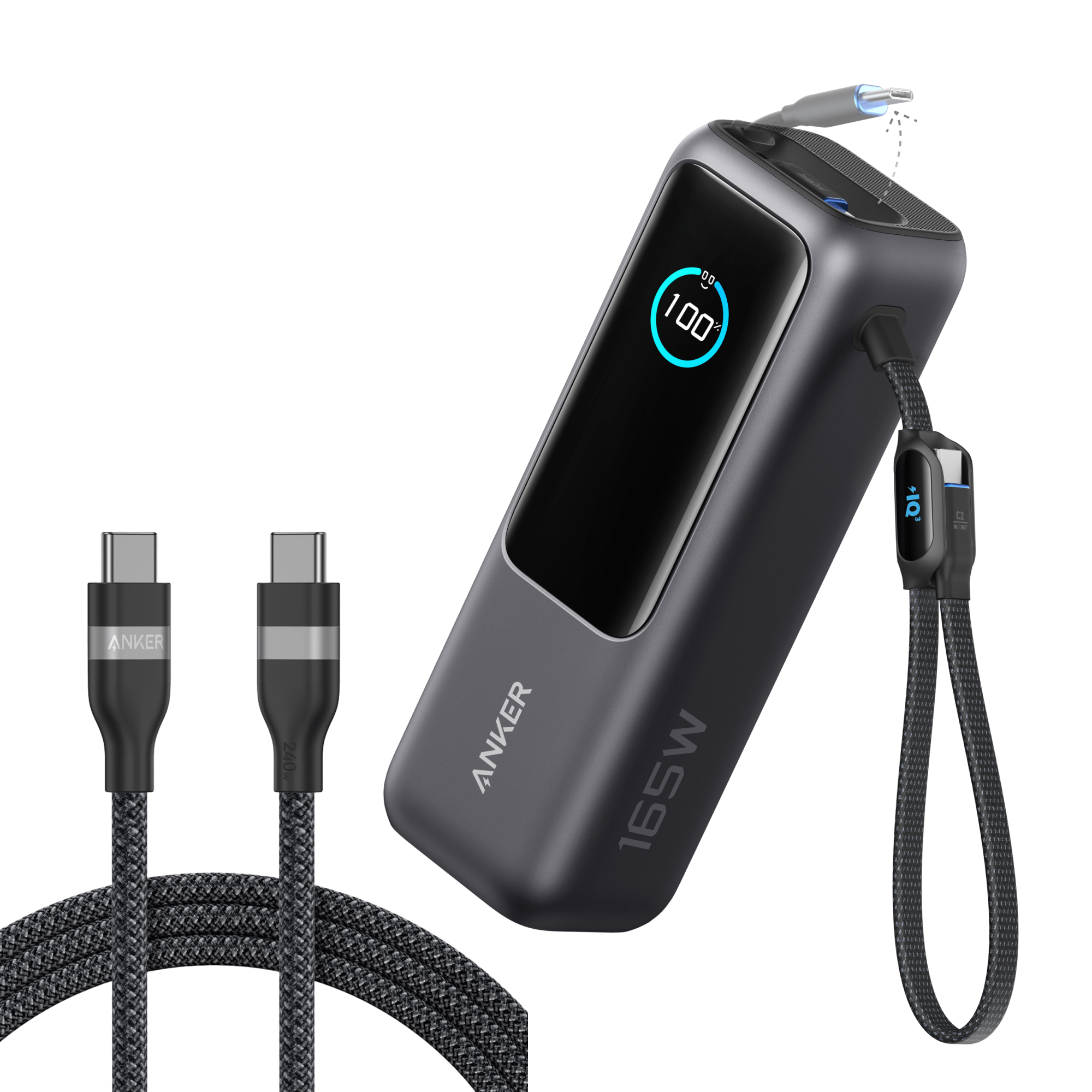 Laptop Power Bank (25K, 165W, Built-In and Retractable Cables) and USB-C to USB-C Cable (6 ft, 240W, Upcycled-Braided) C2